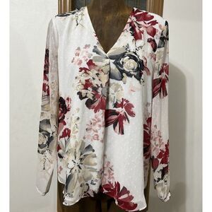 White House Black Market Floral Swiss Dot V-Neck Peasant Blouse